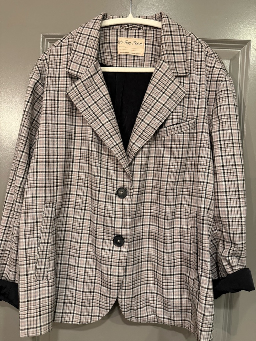 Free People Plaid Oversized Blazer Jacket - Gray Plaid